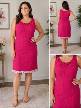 Signature by Sangria Pink Textured Sheath Dress Floral Hem Size 14
